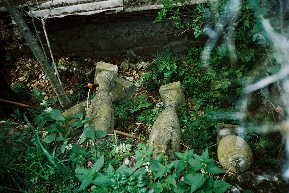 A mysterious overgrown garden featuring broken concrete bollards covered in moss and surrounded by lush greenery.