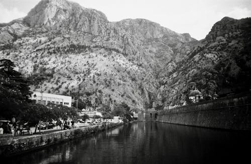 Black and White Panorama of River Waterfront and Mountains, Kotor, Montenegro