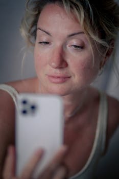 Close-up of a woman taking a selfie indoors, showing natural beauty and relaxed demeanor.