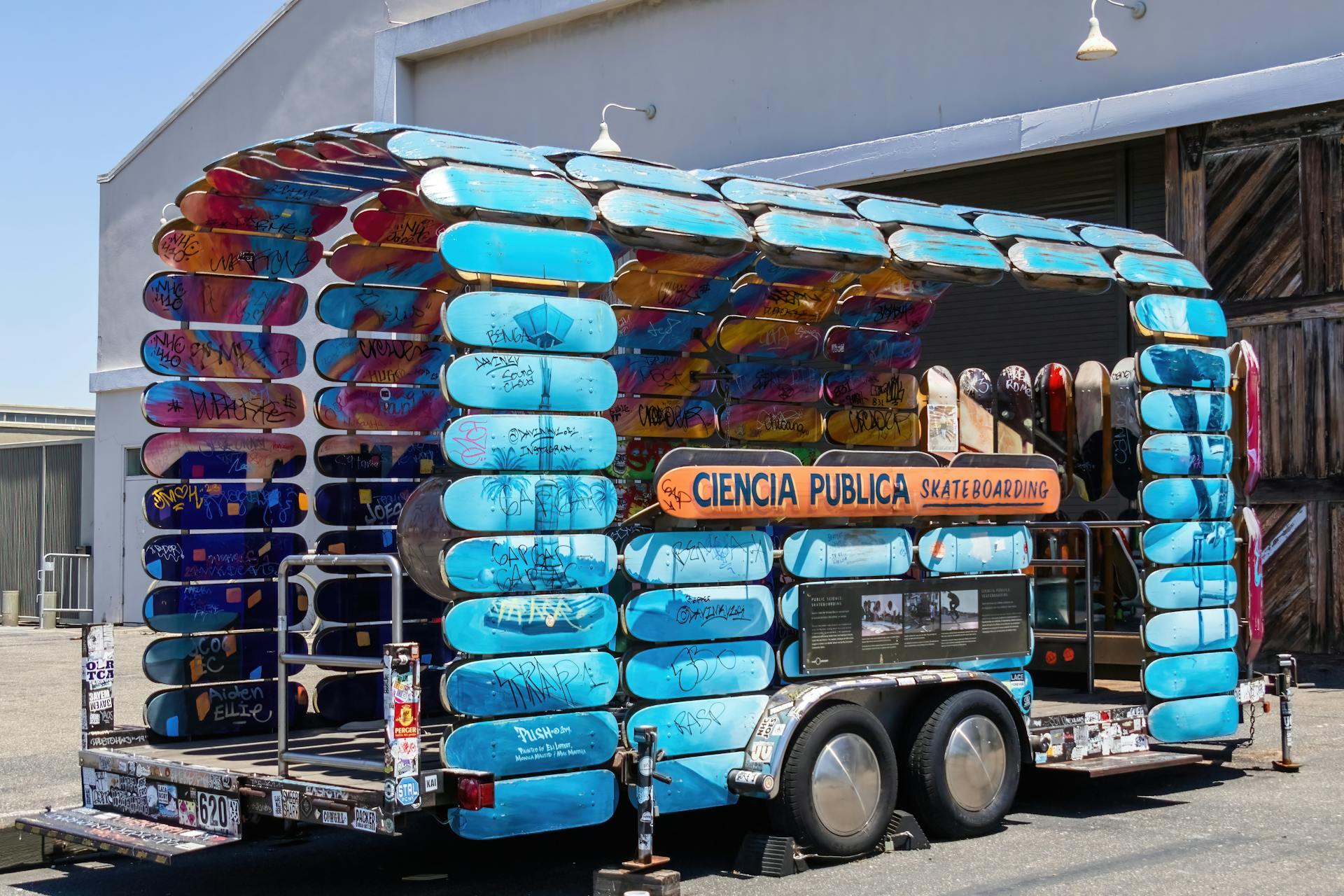 Sunlit Trailer with Skateboards on Walls