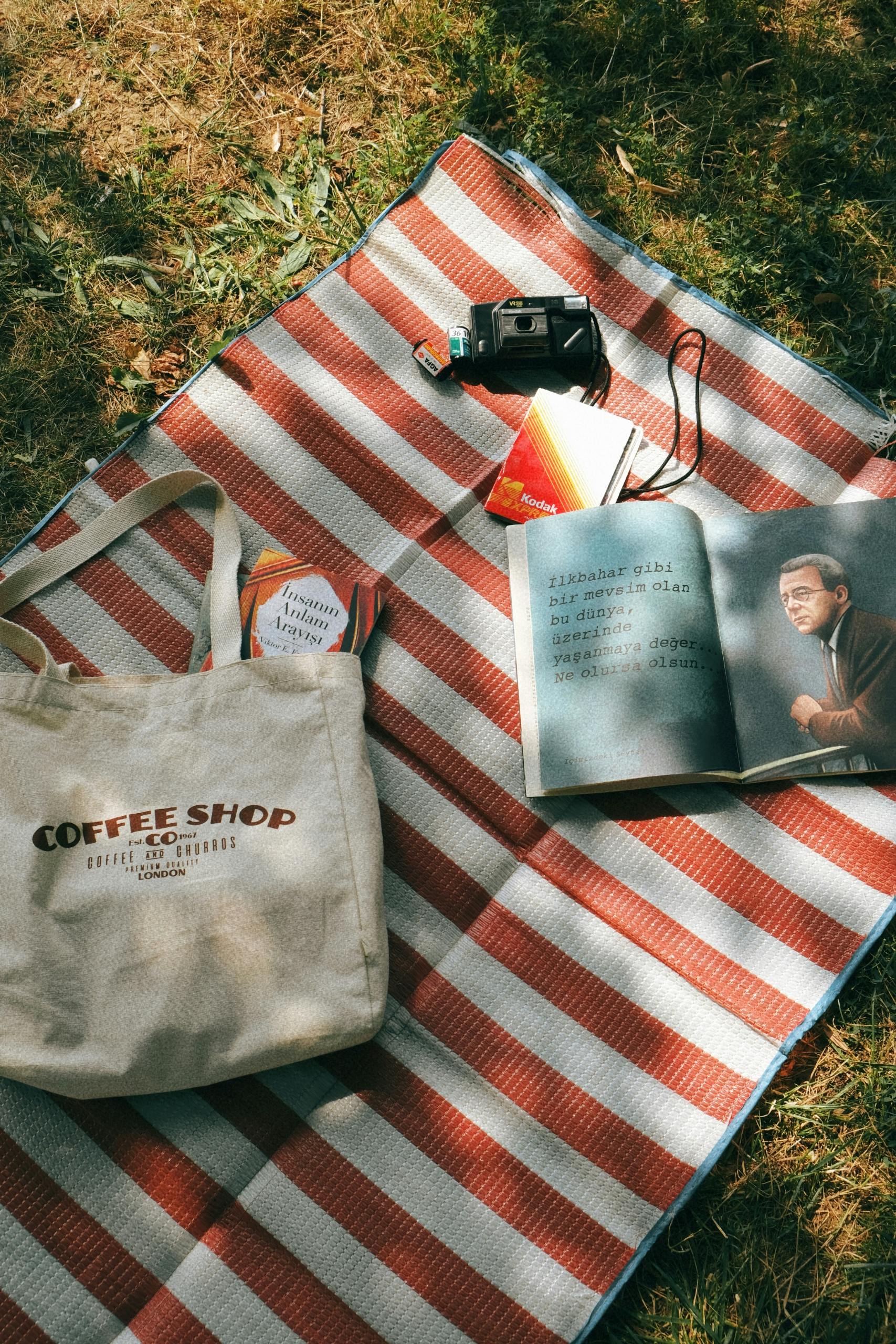 A relaxing picnic with books and a coffee shop tote bag on a blanket outdoors.