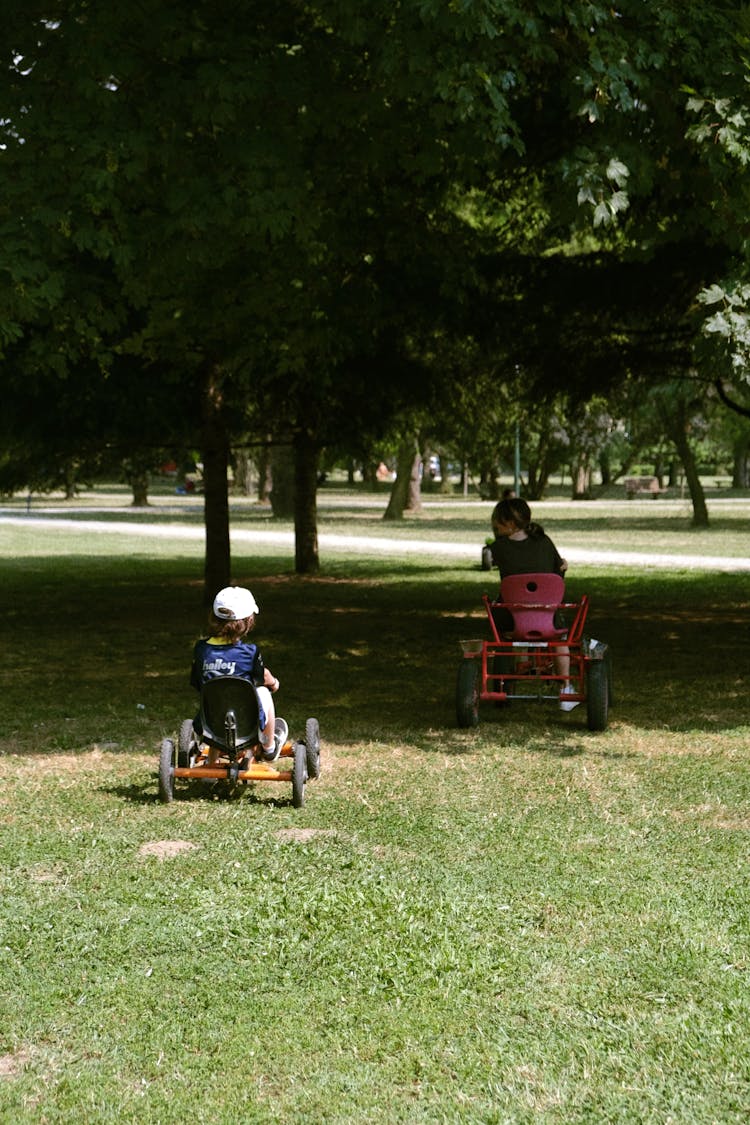 Children Playing And Riding Carts In Park