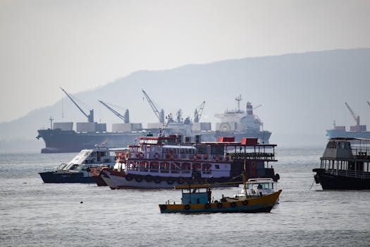 A variety of boats and cargo ships in the Arabian Sea, off the coast of Mumbai, India.