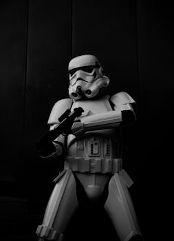 Dramatic black and white photo of a Stormtrooper in Mexicali, México. Perfect for sci-fi fans.