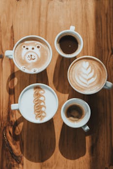 Creative coffee art displayed beautifully in a variety of cups on a wooden table.