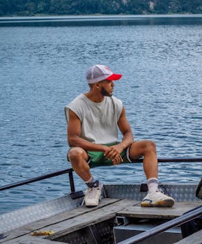 Casual man sitting on a boat enjoying the serene lake view in Ethiopia. Perfect for leisure and travel themes.