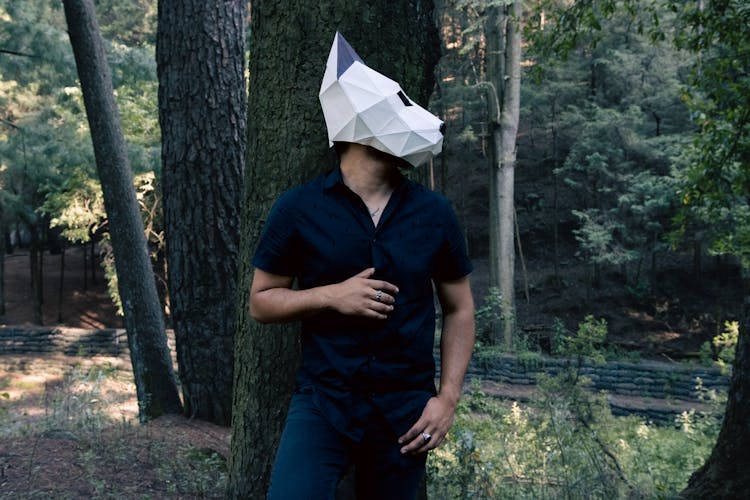 Man In A Black Shirt Standing In Forest In A Tapir Paper Mask