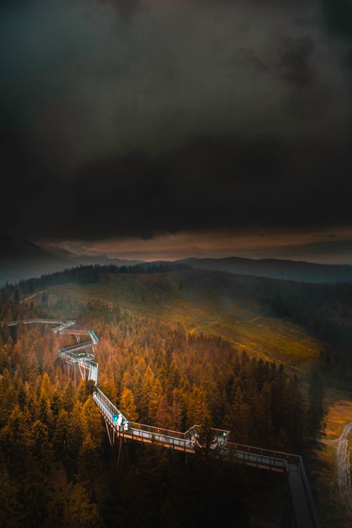 Free Aerial view of a meandering footbridge in a misty forest under a dramatic, cloudy sky. Stock Photo