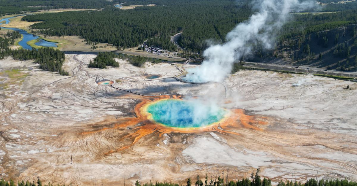 Yellowstone Caldera Rim Aerial View of the Yellowstone Caldera in Yellowstone National Park ...