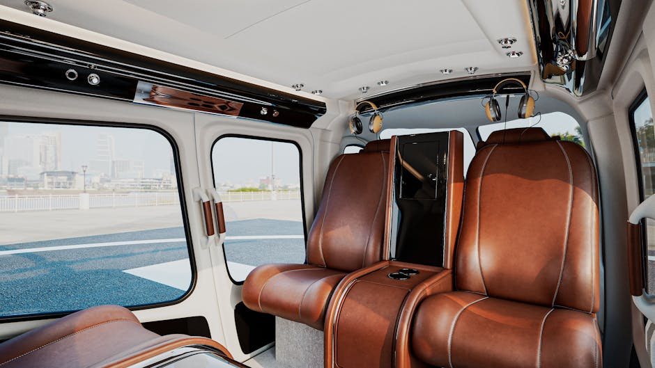 private tours riviera maya itinerary ideas for travel agencies - Interior view of a luxurious private helicopter with brown leather seats and a cityscape view.