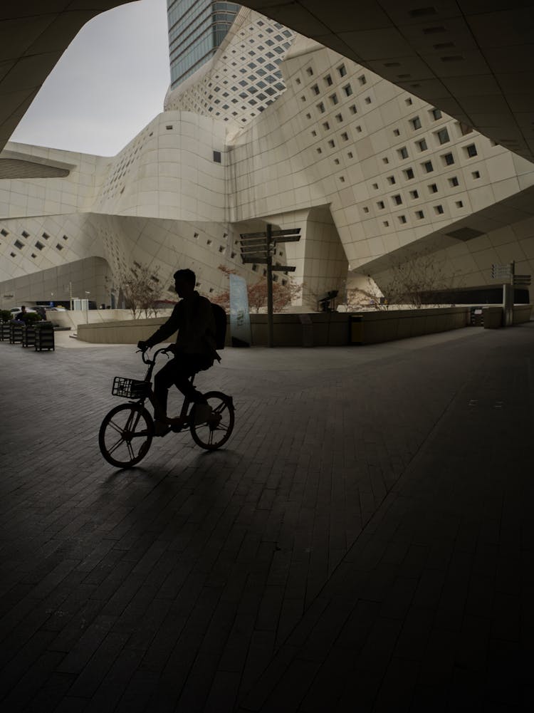 Silhouette Of A Person Riding A Bicycle At The Nanjing International Youth Cultural Centre