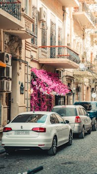 A vibrant city street features parked cars and stunning pink bougainvillea on a building facade.