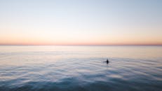 日落时分，一个孤独的身影在宁静的海中游泳，构成了一片宁静的海景