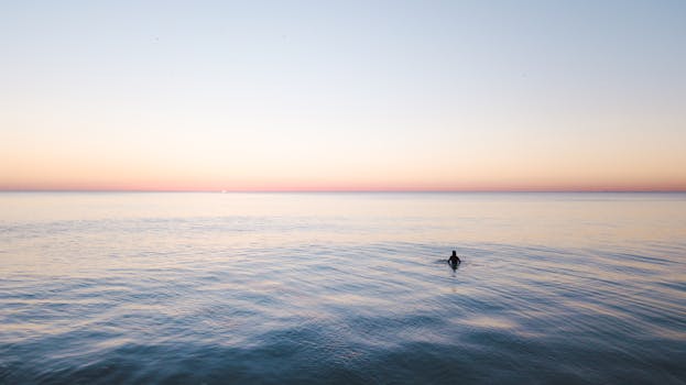 日落时分，一个孤独的身影在宁静的海中游泳，构成了一片宁静的海景