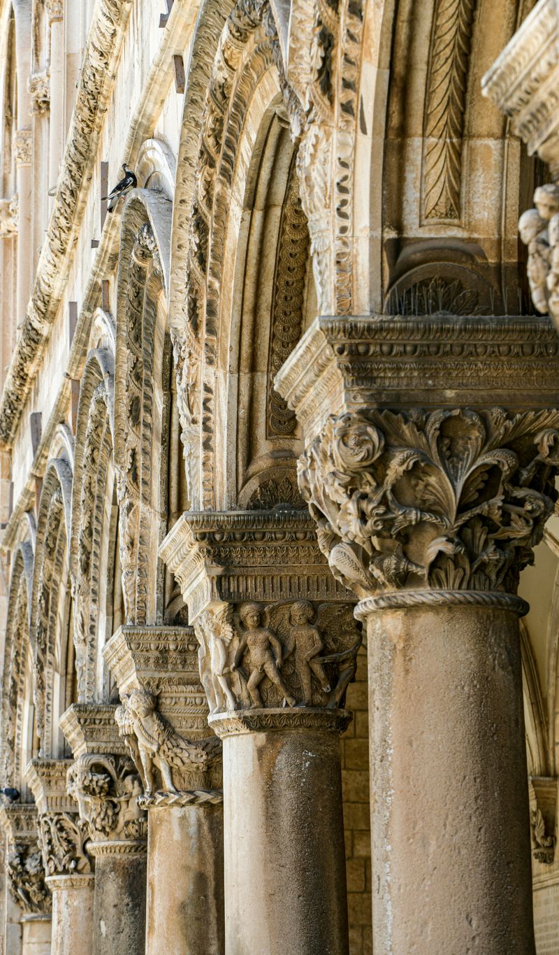Carved columns and ornate facade of the Rector's Palace in Dubrovnik