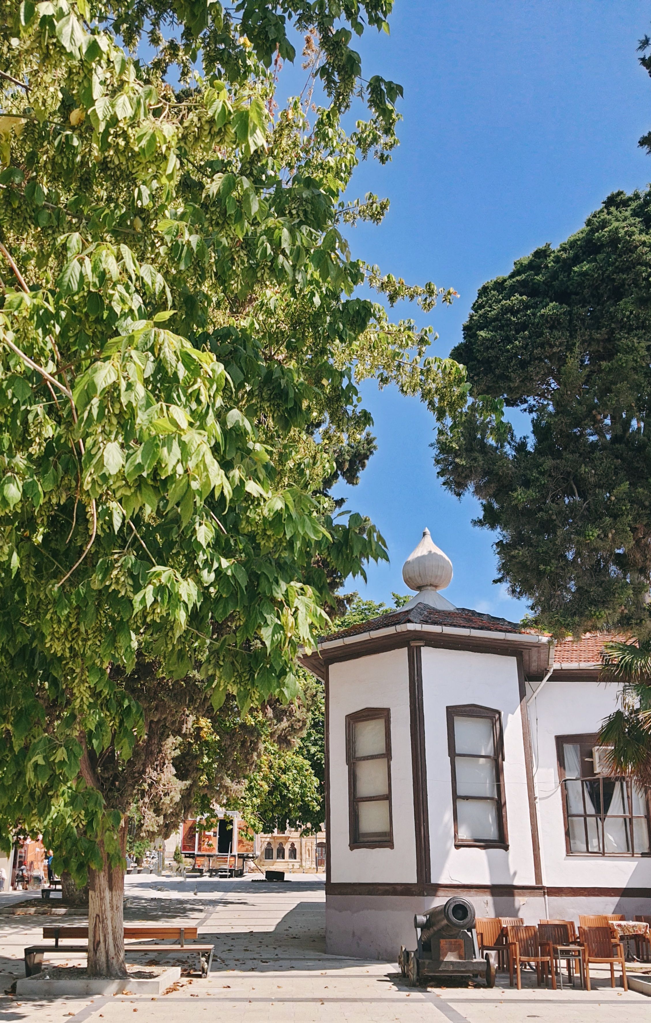 Explore the Ottoman architecture and lush trees in Sinop's town square, captured on a clear day.