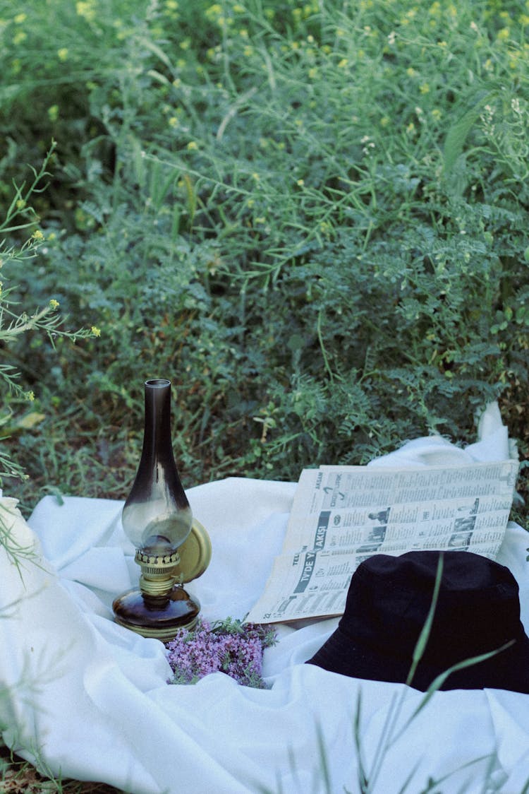 Lamp, Flowers, Hat And Newspaper On Picnic Blanket