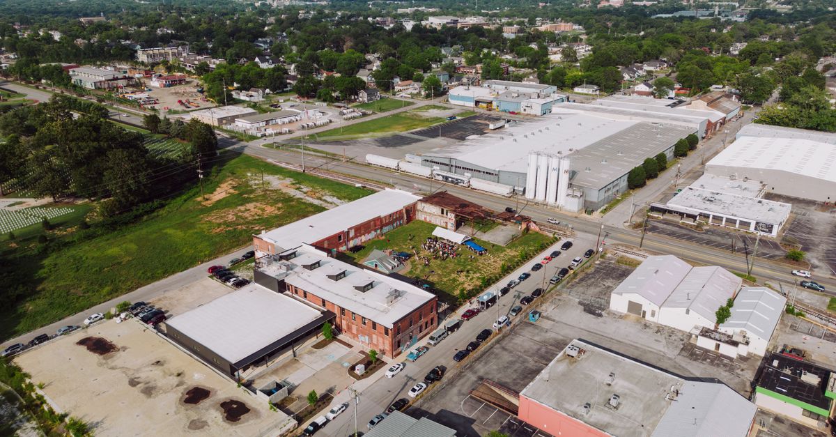 Explore the vibrant industrial landscape of Chattanooga, Tennessee from above.