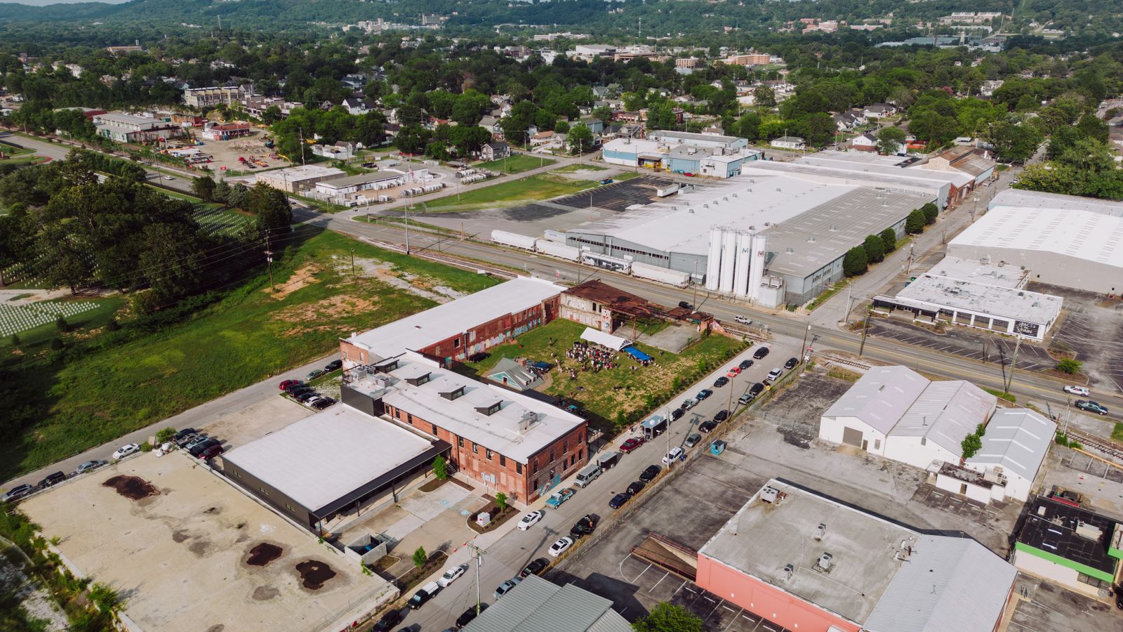 Explore the vibrant industrial landscape of Chattanooga, Tennessee from above.