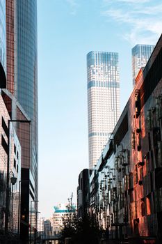 Vertical shot of modern skyscrapers in Moscow's urban landscape with clear blue sky.