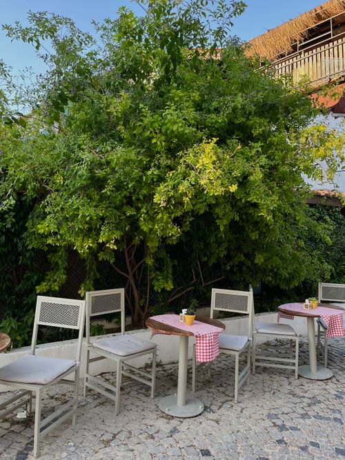 Free Picturesque outdoor cafe setting in Alaçatı, İzmir, featuring tables and chairs under lush greenery. Stock Photo