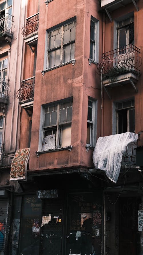 Exterior of an Old Apartment Building with Balconies 