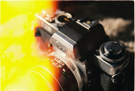 Close-up of a vintage Minolta film camera with artistic light leak effect, evoking nostalgia and retro charm.
