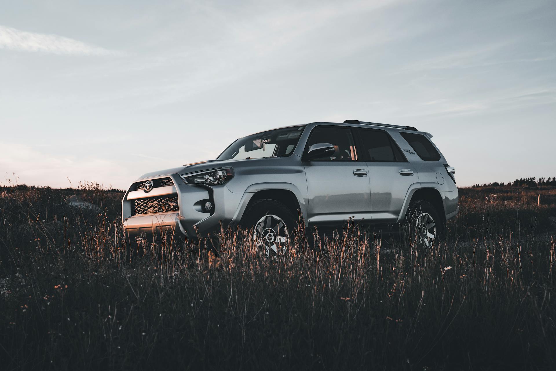 Silver Toyota 4Runner SUV parked in a grassy rural area during sunset, showcasing rugged design and adventure readiness.