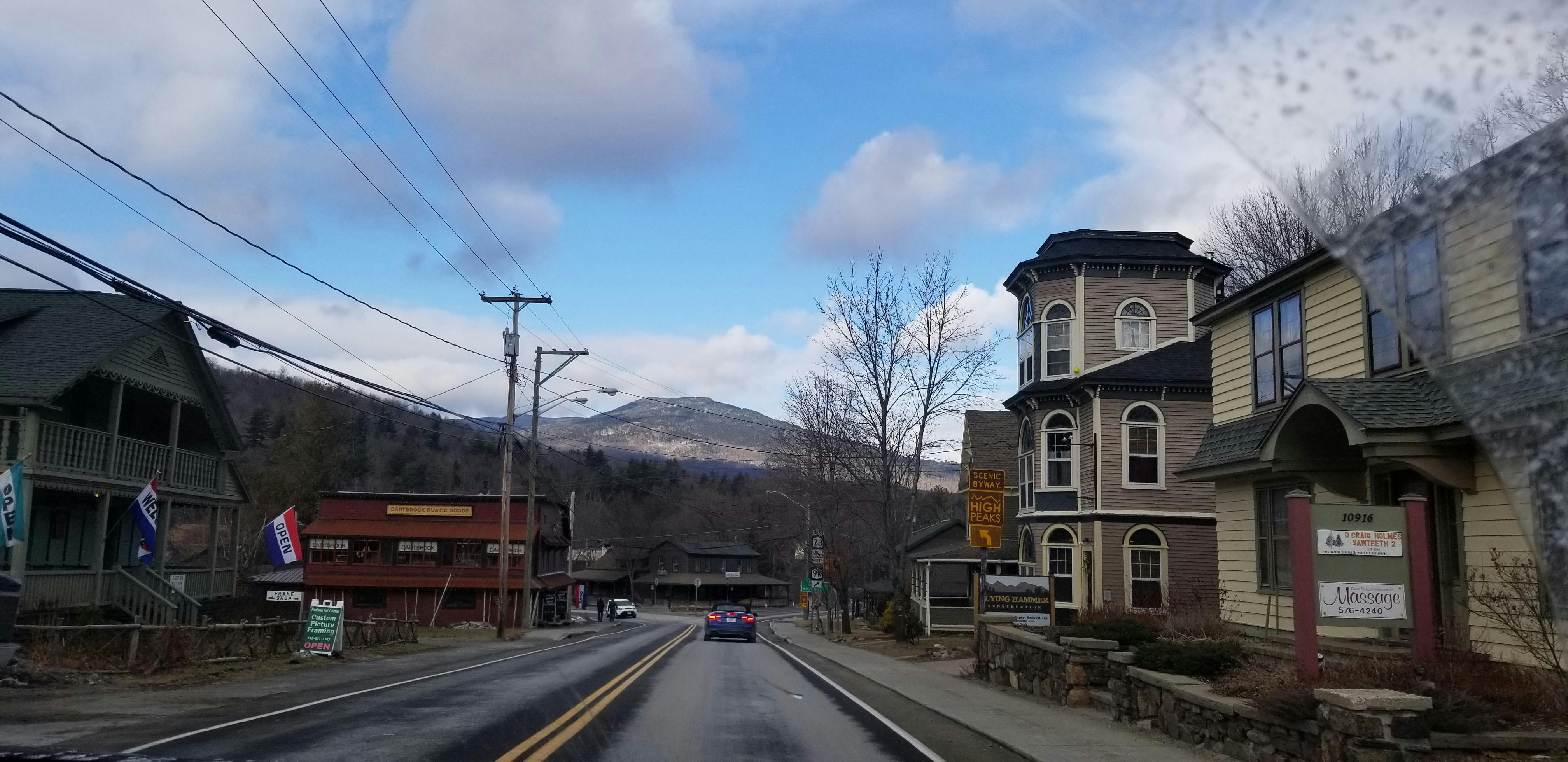 Free stock photo of adirondack mountains, car perspective, country town