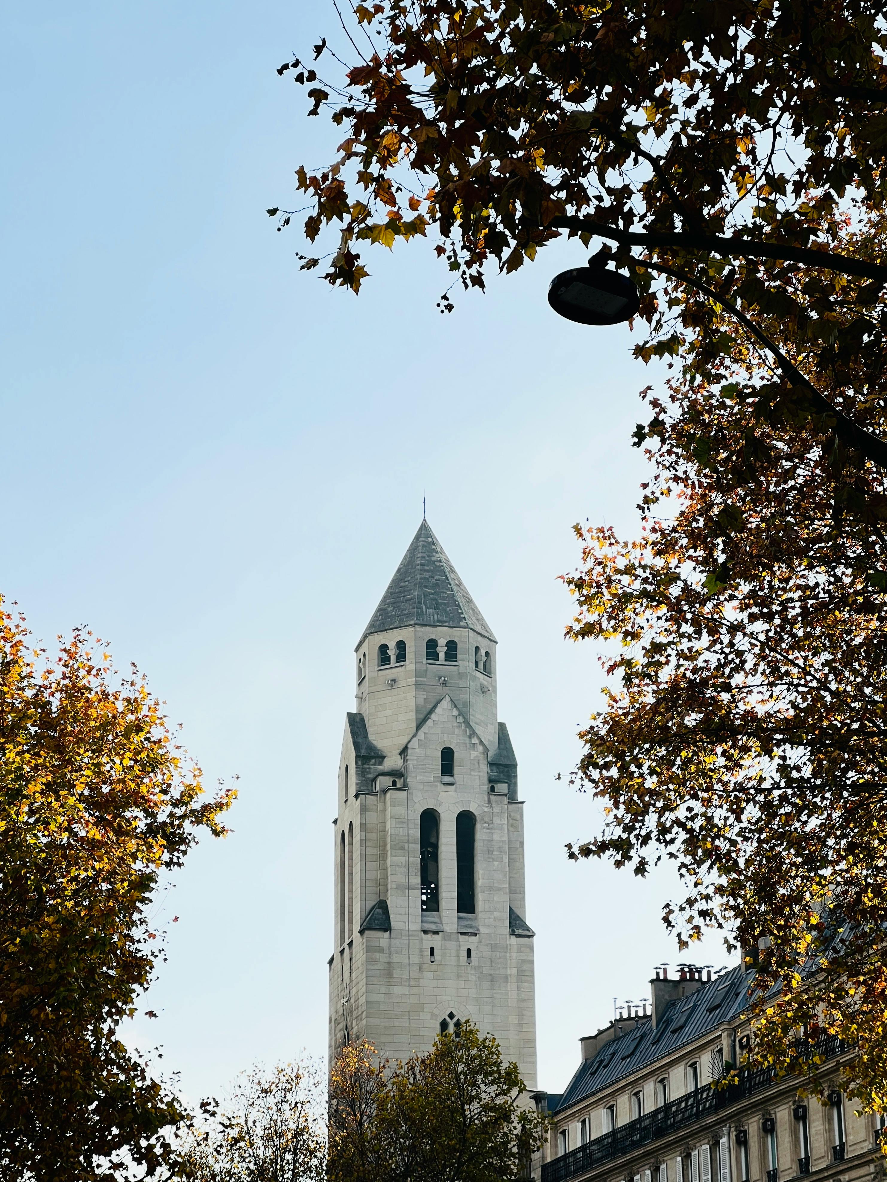 Vertical shot of a landmark church tower in Paris framed by autumn trees under a blue sky.