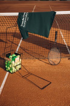 Tennis racket and balls with net on a clay court, captured in bright daylight.
