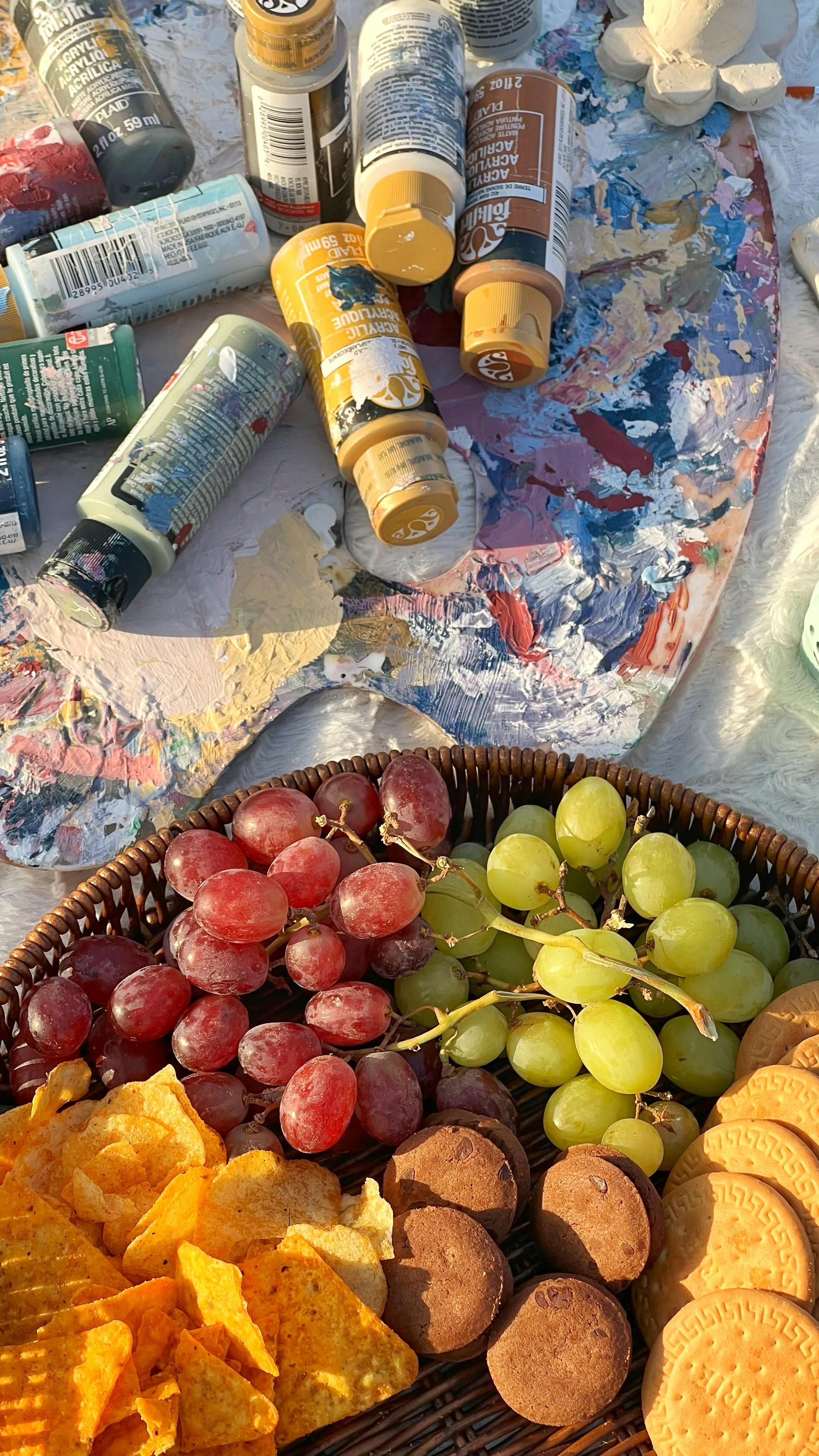 Vibrant picnic setup featuring paint supplies, grapes, chips, and cookies.
