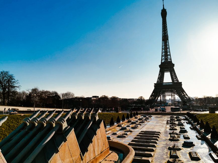 Scenic view of Eiffel Tower and Fountain of Warsaw under clear blue sky in Paris, France.