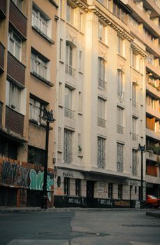 Elegant residential buildings in a quiet street of Santiago, Chile.