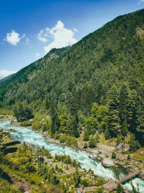 Free A breathtaking view of a river winding through a lush forest with a small bridge visible. Stock Photo
