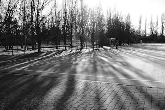 A serene black and white image of a football pitch with sunlight casting long shadows in Berlin.