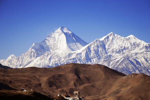 Majestic snow-capped peaks of the Himalayas under a clear blue sky, offering a stunning landscape view.