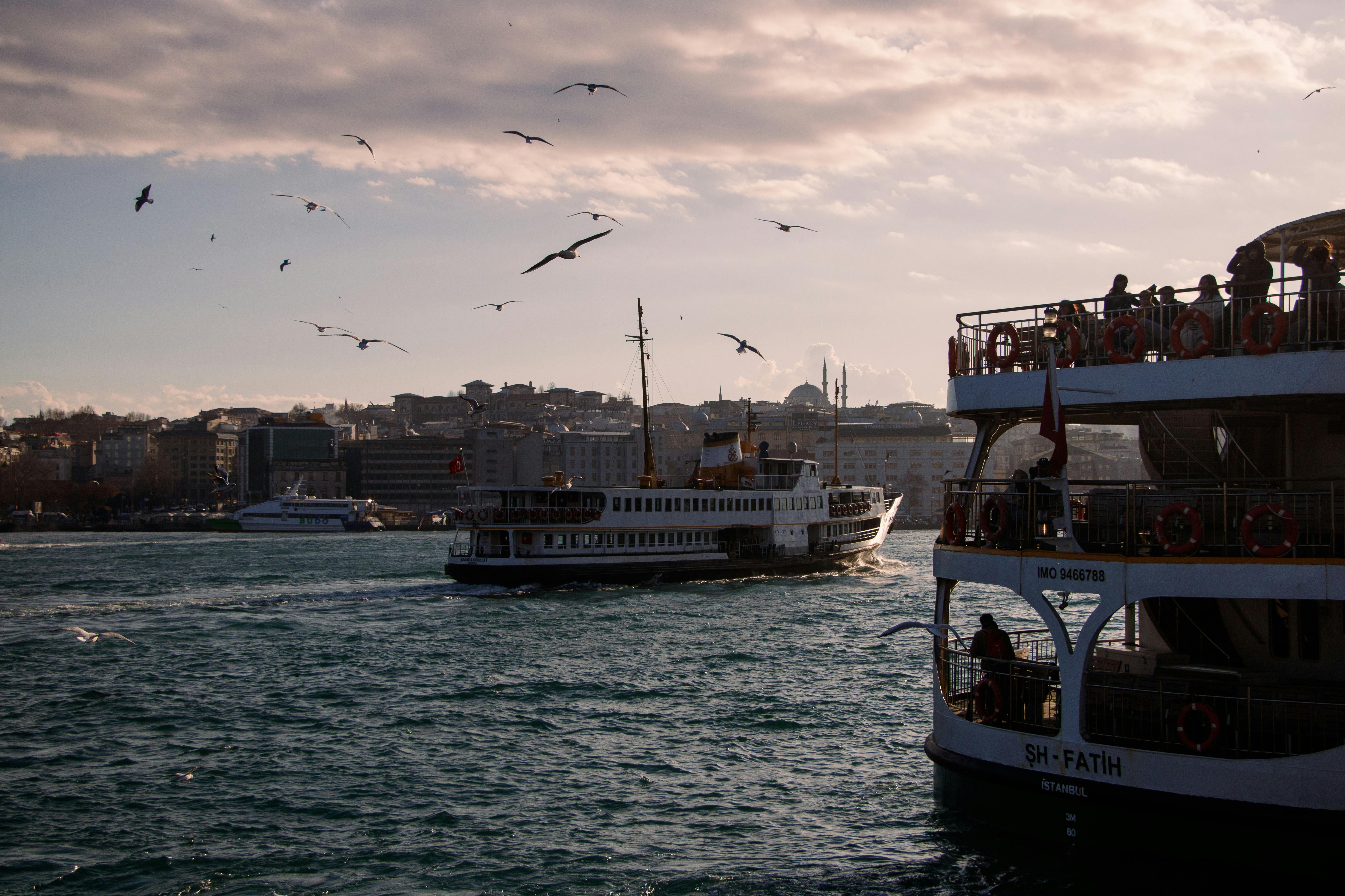 Ferries sail across the Bosporus in Istanbul, Türkiye, with a stunning cityscape and seagulls overhead.