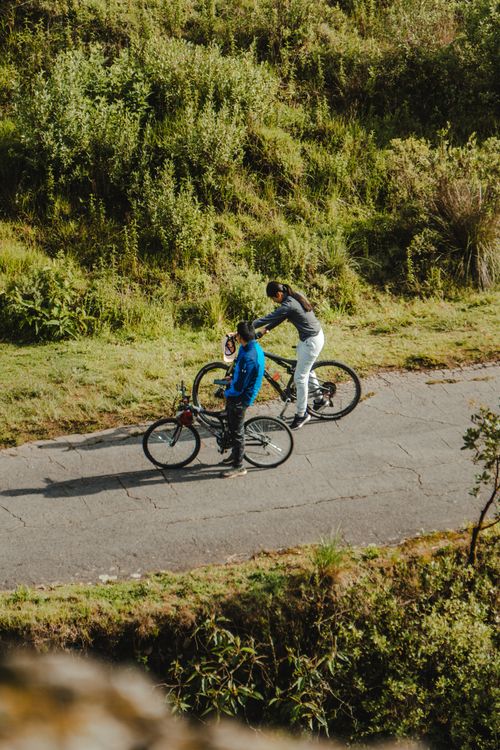 Free Aerial view of a couple cycling on a scenic rural road in Mexico, surrounded by greenery. Stock Photo
