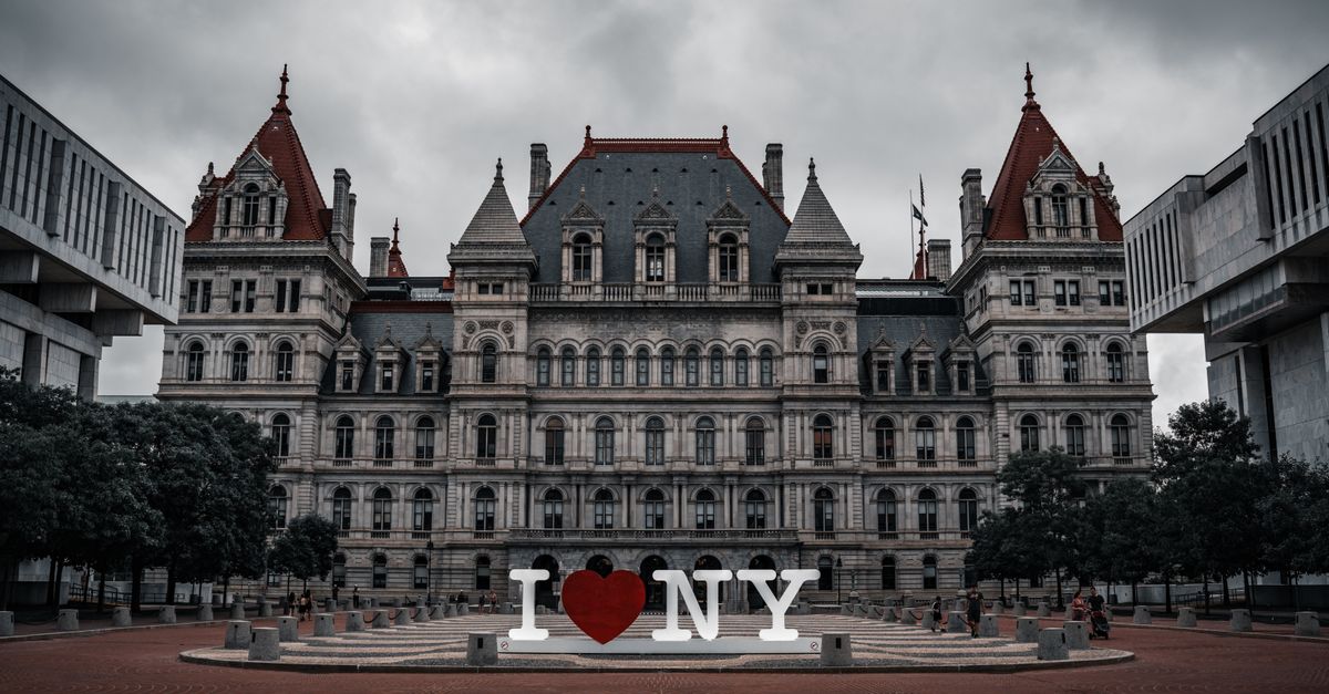 Captivating facade of the New York State Capitol with iconic I ❤️ NY sculpture.
