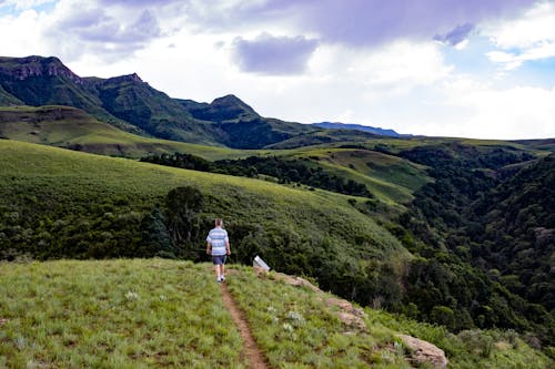 Person Walking on Brown Pathway Surrounded by Grass