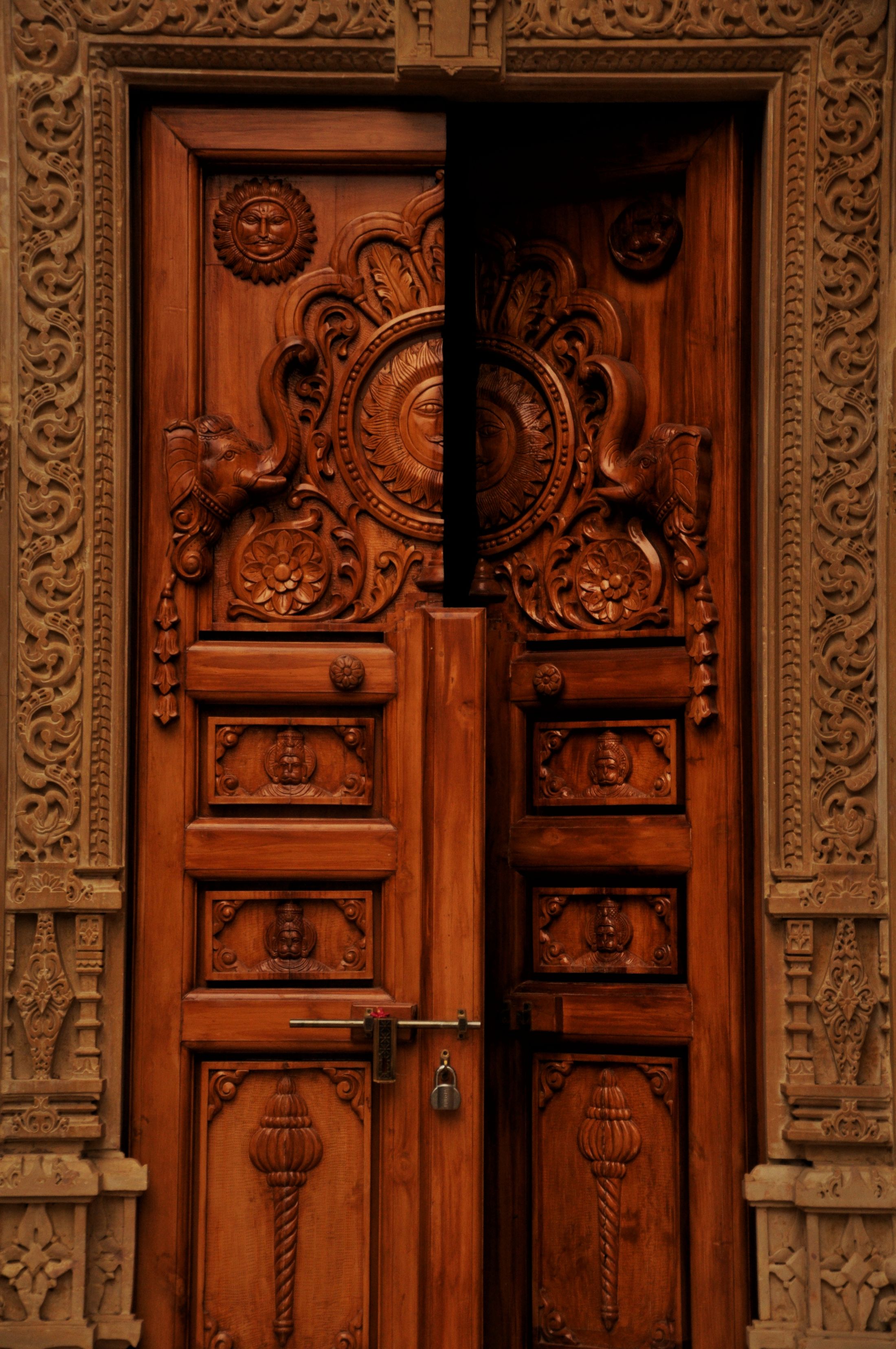 Close-up of an elaborately carved wooden door