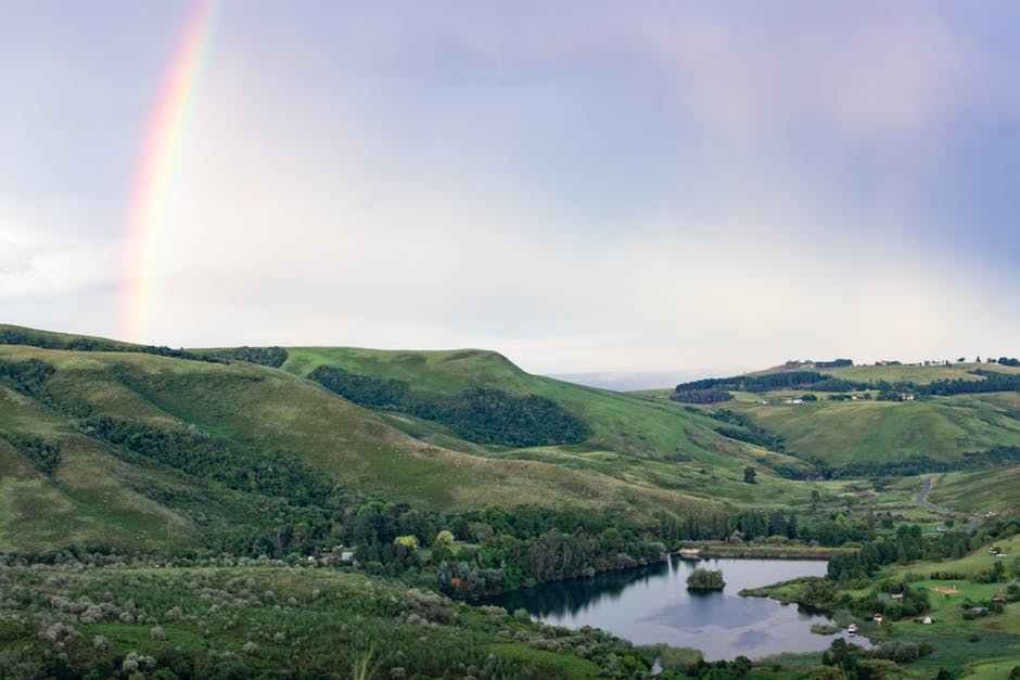Vedere panoramică a dealurilor verzi, un lac senin și un curcubeu viu pe cer