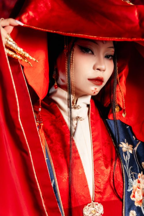 Free A sophisticated portrait of a woman in vibrant traditional Asian clothing, showcasing intricate designs. Stock Photo