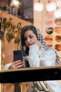 Woman in warm cafe setting, using smartphone and enjoying leisure time indoors.
