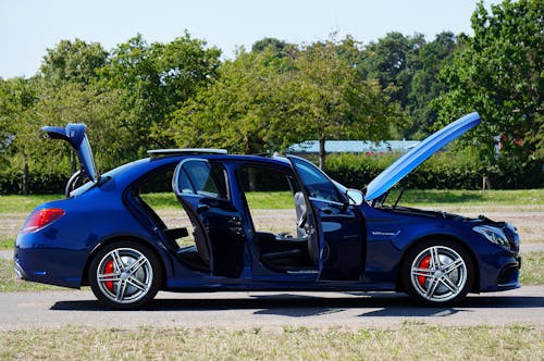 Blue Mercedes C63 with Open Doors