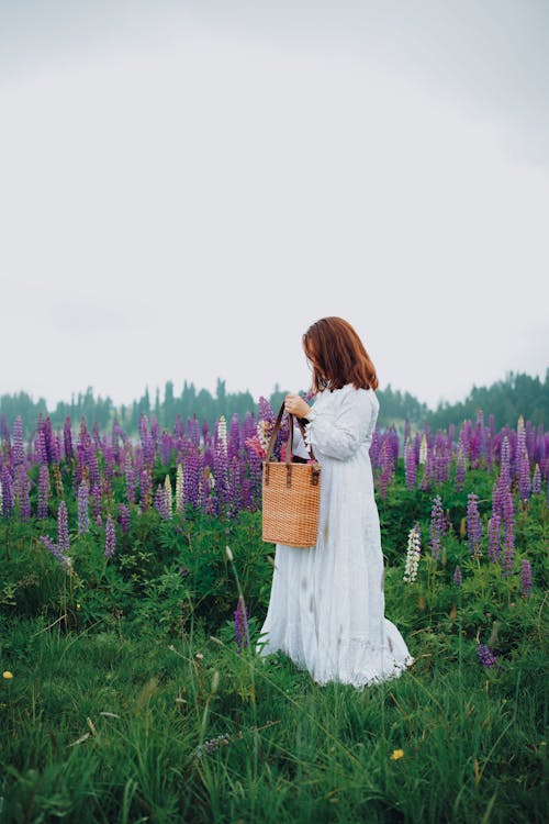 Woman in a White Dress Standing on a Meadow with Lupines 