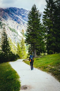 在晴朗的天空下，一名孤独的徒步旅行者沿着绿树成荫、风景如画的山路行走