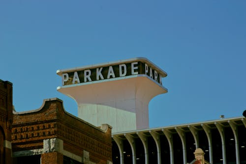 Cloe-up of the Sign at the Top of the Parkade Plaza - a Parking Garage Spokane, Washington