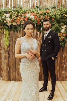 Bride and groom posing in front of a floral wooden backdrop at an indoor wedding.